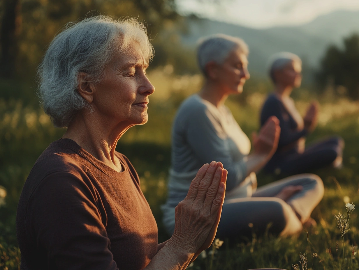 Група пенсіонерів практикує м'яку йогу в парку