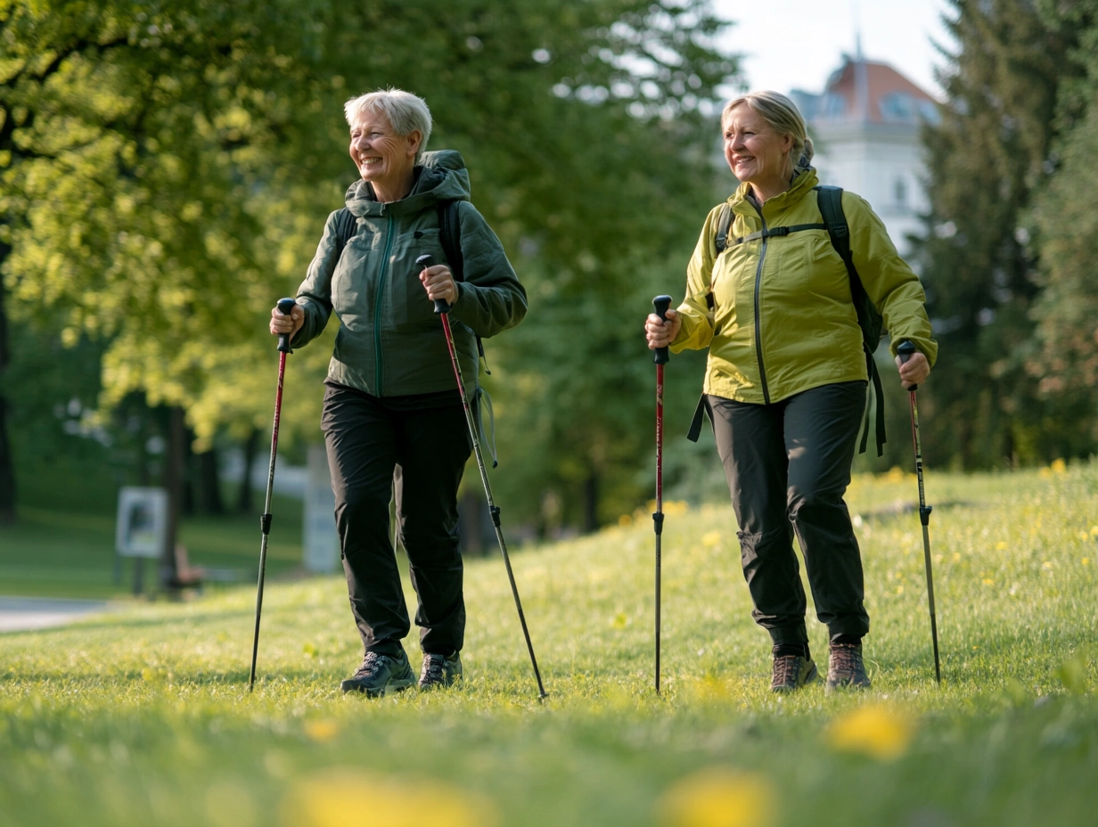 Група пенсіонерів займається скандинавською ходьбою в парку