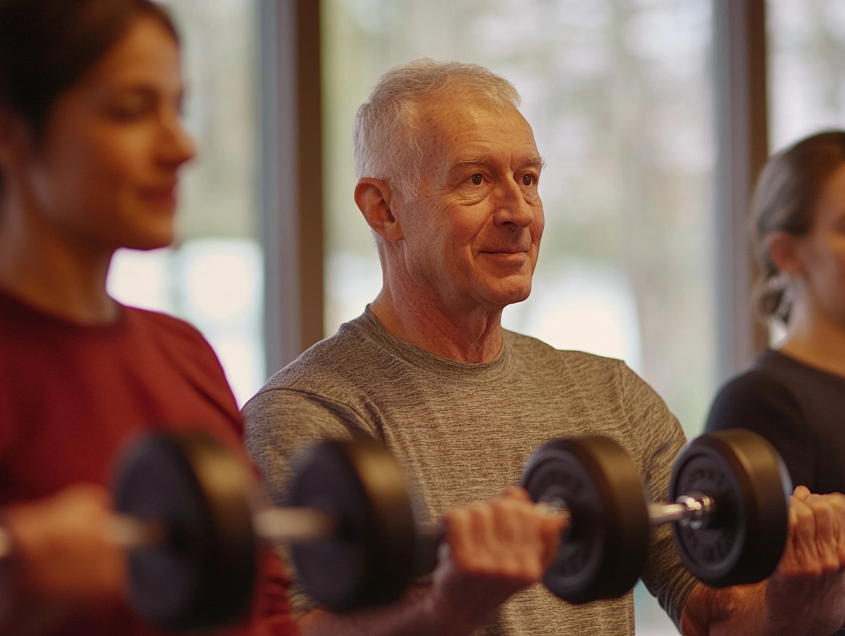 Пенсіонери виконують вправи з легкими гантелями